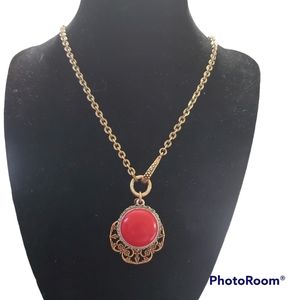Unique Vintage Red Cabochon Victorian Style Necklace Pendant Filigree Framed